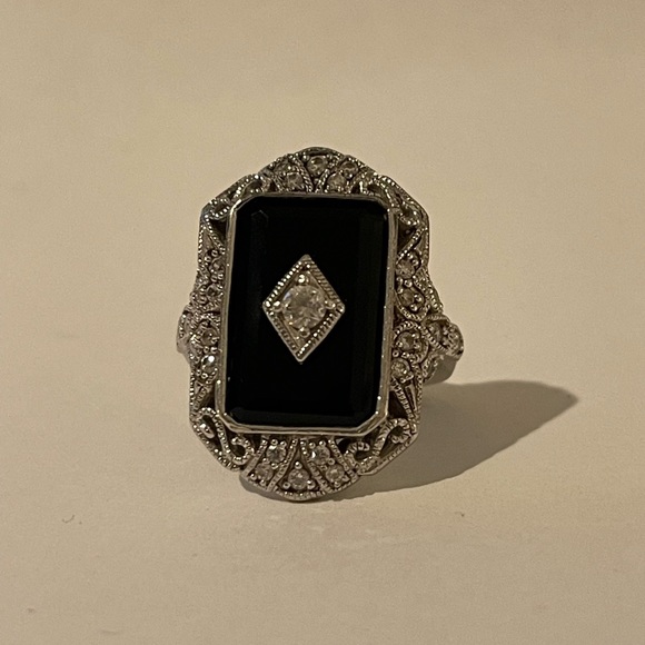 Art Deco style black onyx diamanté crystal sterling silver size 5.0 ring - Picture 6 of 11